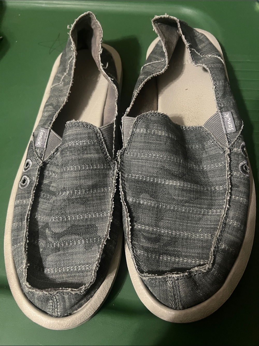 Sanuk Gray Frayed Canvas Slip-Ons